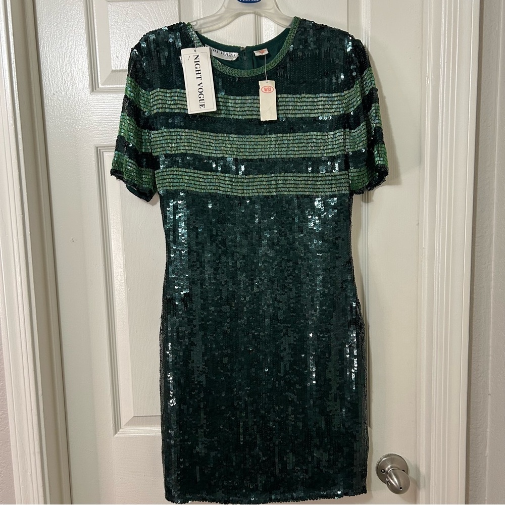 NWT Vintage Night Vogue Sequin Green Dress with Stripes Size S